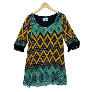 JUDITH MARCH Dress Multicolor 3/4 Fringe Sleeve Lined Shift